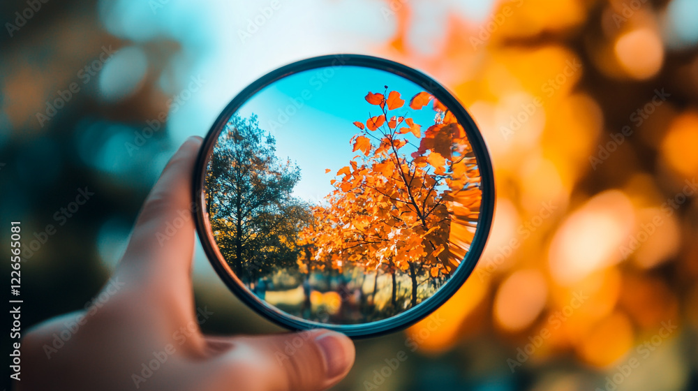 Autumn Leaves Through Lens Colorful Nature Photography View Red Fall Hand Blur Park Fall Trees Macro Autumn Leaves Through Lens Colorful Nature Photography View Red Fall Hand Blur Park Fall Trees Macro