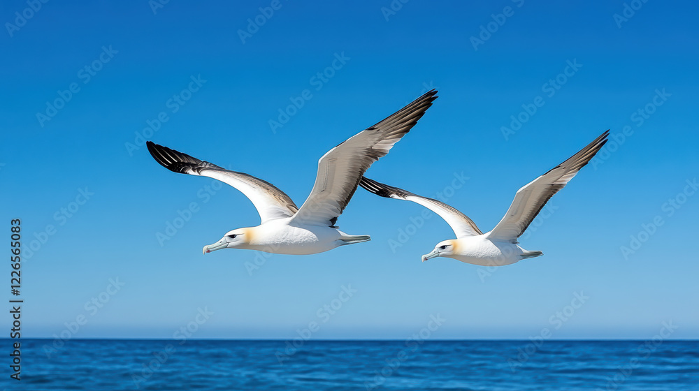 Flying albatrosses glide gracefully over ocean under clear blue sky Flying albatrosses glide gracefully over ocean under clear blue sky