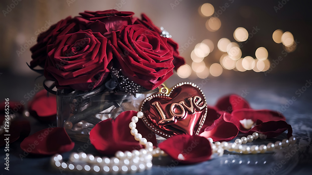 Romantic Red Roses with Pearl Jewelry and Heart Charms Romantic Red Roses with Pearl Jewelry and Heart Charms
