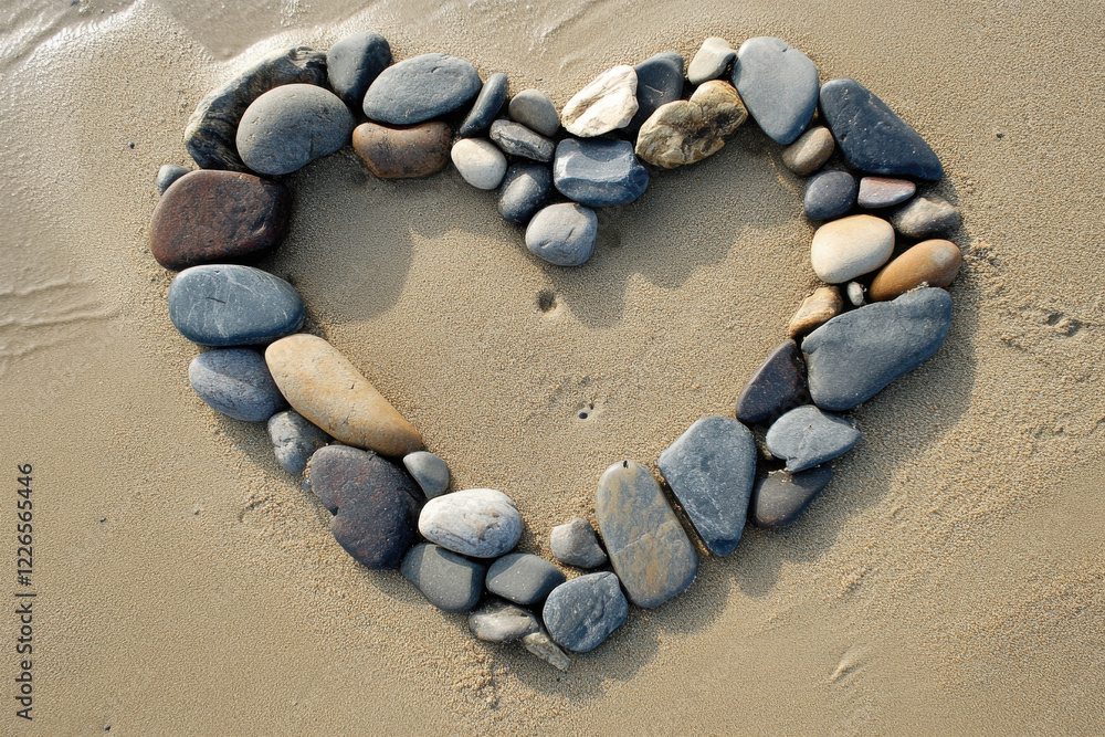 Stacked smooth stones arranged in the shape of a heart on a beach Stacked smooth stones arranged in the shape of a heart on a beach
