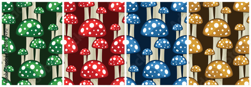 Set seamless color backgrounds with forest mushrooms.
