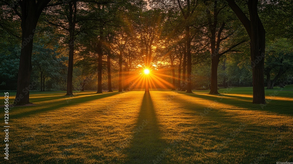 Sunset rays through park trees, grass, calm Sunset rays through park trees, grass, calm