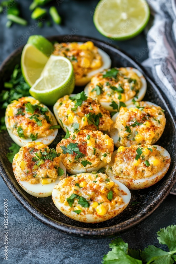 Delicious deviled eggs with lime and herbs for appetizing party platters Delicious deviled eggs with lime and herbs for appetizing party platters