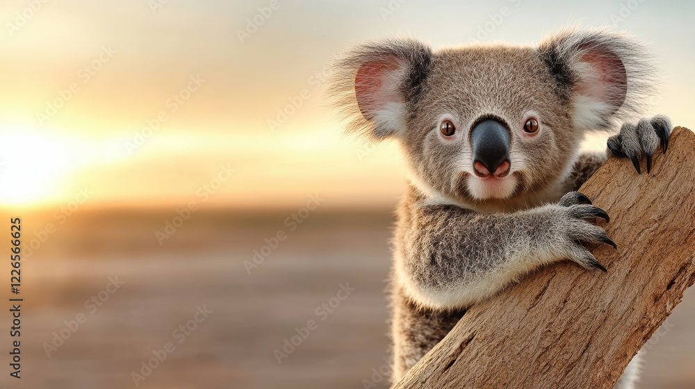 cute koala resting on branch, showcasing its adorable features at sunset cute koala resting on branch, showcasing its adorable features at sunset