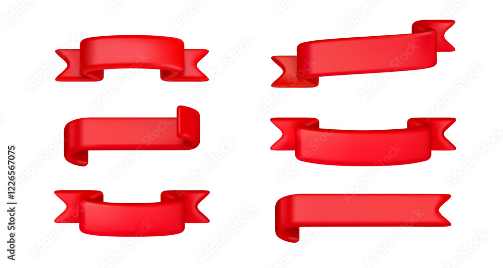 Red ribbon vector 3d banner set. Cartoon sale tag collection isolated on white background. Price label of flag icon, elegant badge pack Red ribbon vector 3d banner set. Cartoon sale tag collection isolated on white background. Price label of flag icon, elegant badge pack