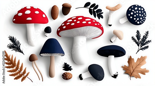 Collection Of Colorful Mushrooms And Autumn Leaves