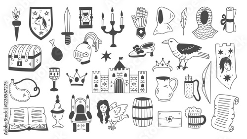 Medieval Design Elements Set. Middle ages and Mediaeval doodles collection. Hand drawn Fantasy Fairy tale castle throne crown knight armor symbols and icons. History items