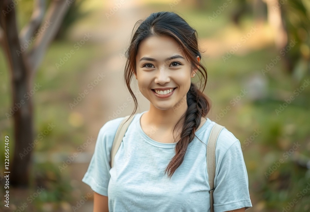 A female person standing outdoors with a warm and inviting smile A female person standing outdoors with a warm and inviting smile