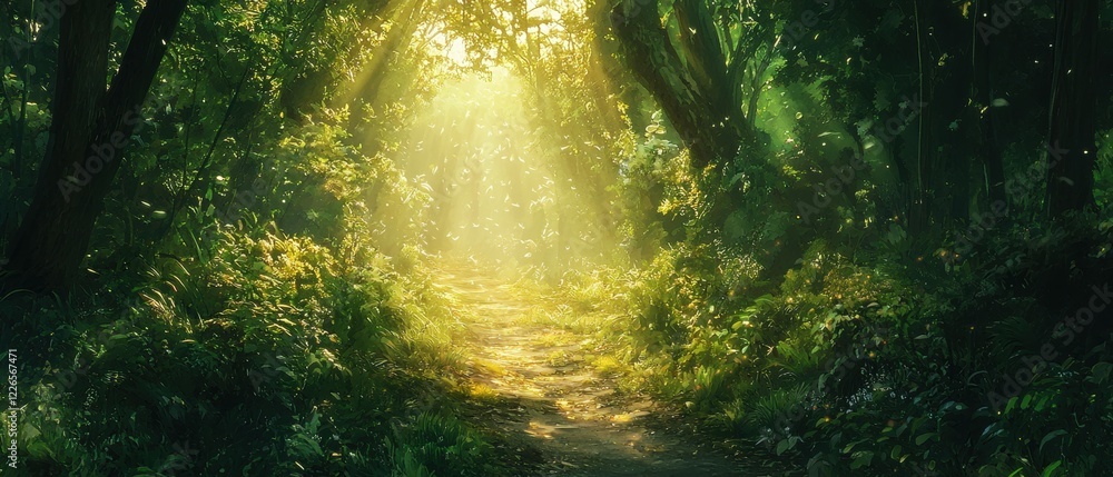 Fototapeta premium Enchanted Forest Path with Sunlight Filtering Through Lush Green Trees