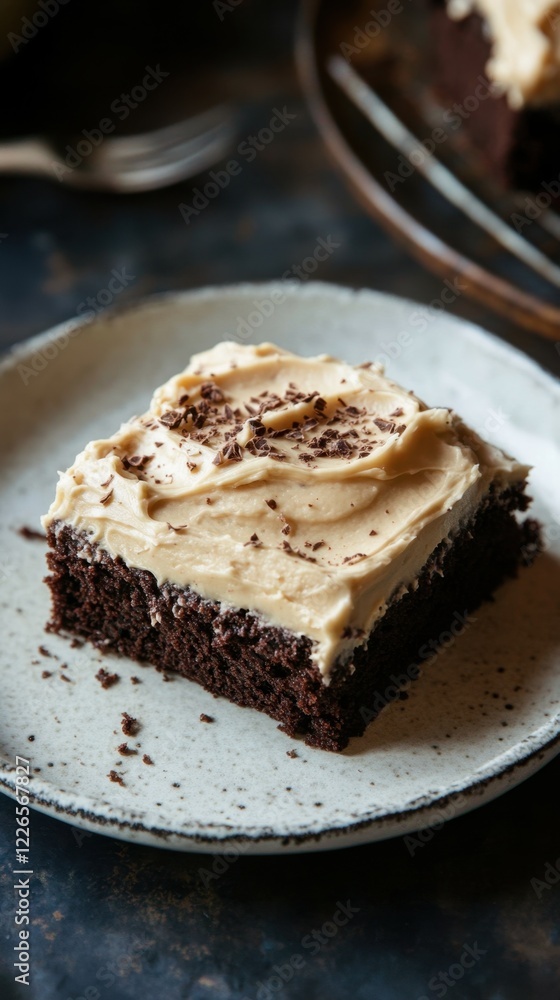 Delicious chocolate cake with creamy frosting on a plate Delicious chocolate cake with creamy frosting on a plate