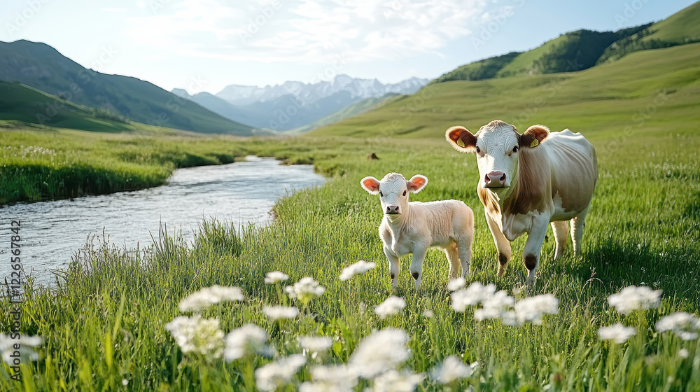 mother cow and her calf bonding in peaceful pasture by stream mother cow and her calf bonding in peaceful pasture by stream