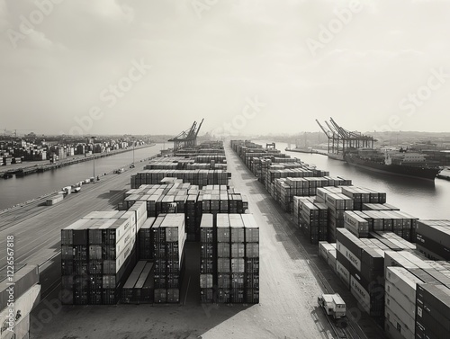 Black and white aerial view of a busy container port, with cargo ships and containers stacked along the docks. photo