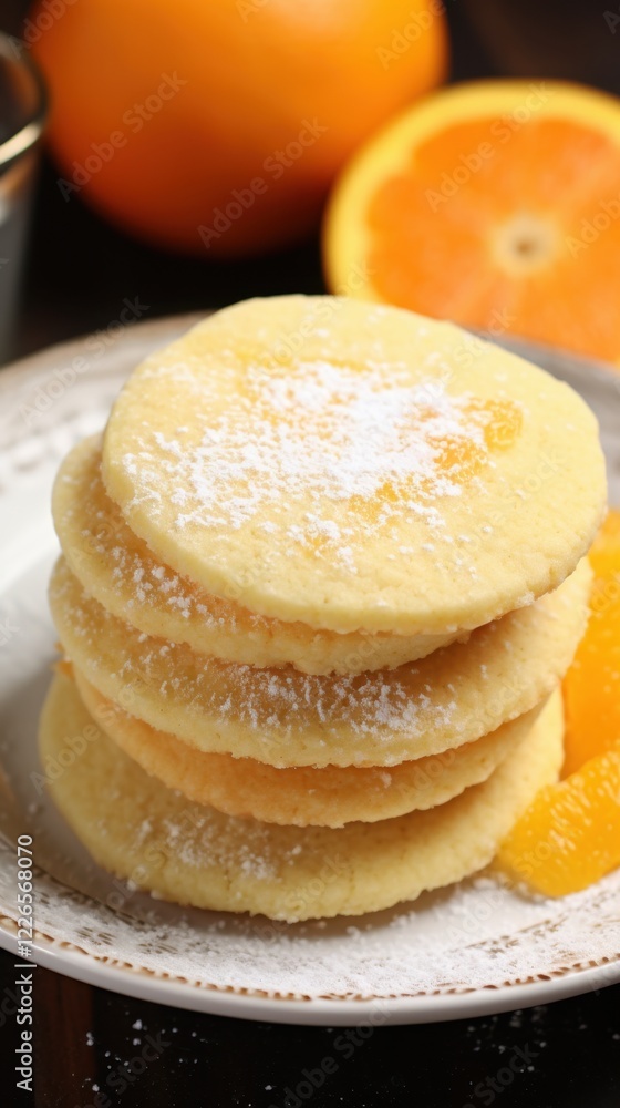 Stack of orange sugar cookies with powdered sugar topping and fresh orange slices Stack of orange sugar cookies with powdered sugar topping and fresh orange slices
