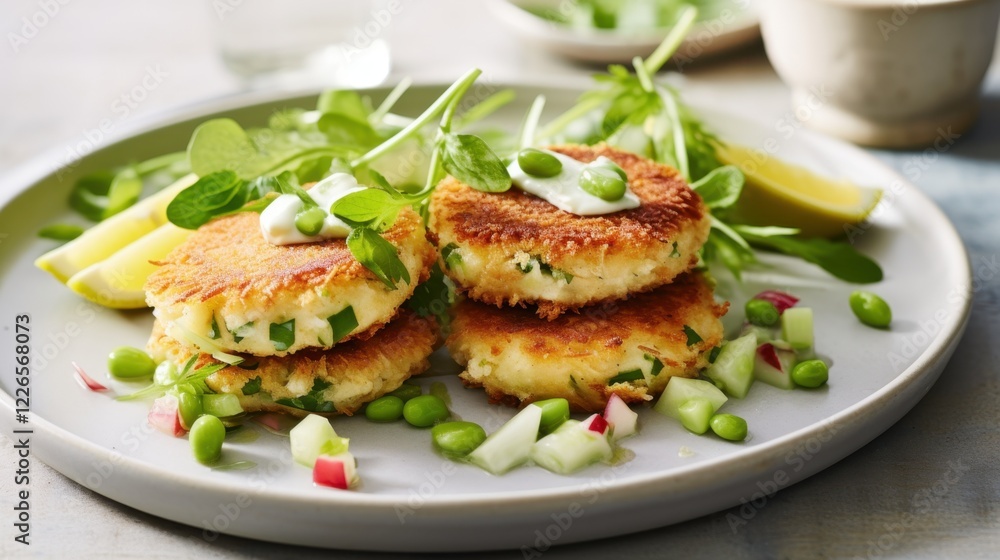 Crispy vegetable quinoa cakes with edamame and fresh greens on a white plate Crispy vegetable quinoa cakes with edamame and fresh greens on a white plate