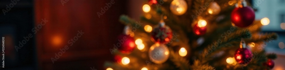 Red and yellow string lights on Christmas tree, holiday decoration, christmas ornaments Red and yellow string lights on Christmas tree, holiday decoration, christmas ornaments