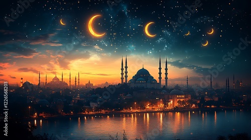 Fantasy Mosque at Twilight with Crescent Moons and Silhouetted Minarets


