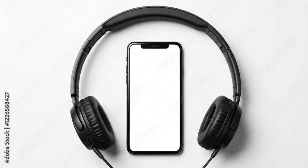 A black smartphone with a blank white screen placed inside a pair of over-ear black headphones, forming a circular shape on a clean white background, symbolizing music and technology. A black smartphone with a blank white screen placed inside a pair of over-ear black headphones, forming a circular shape on a clean white background, symbolizing music and technology.