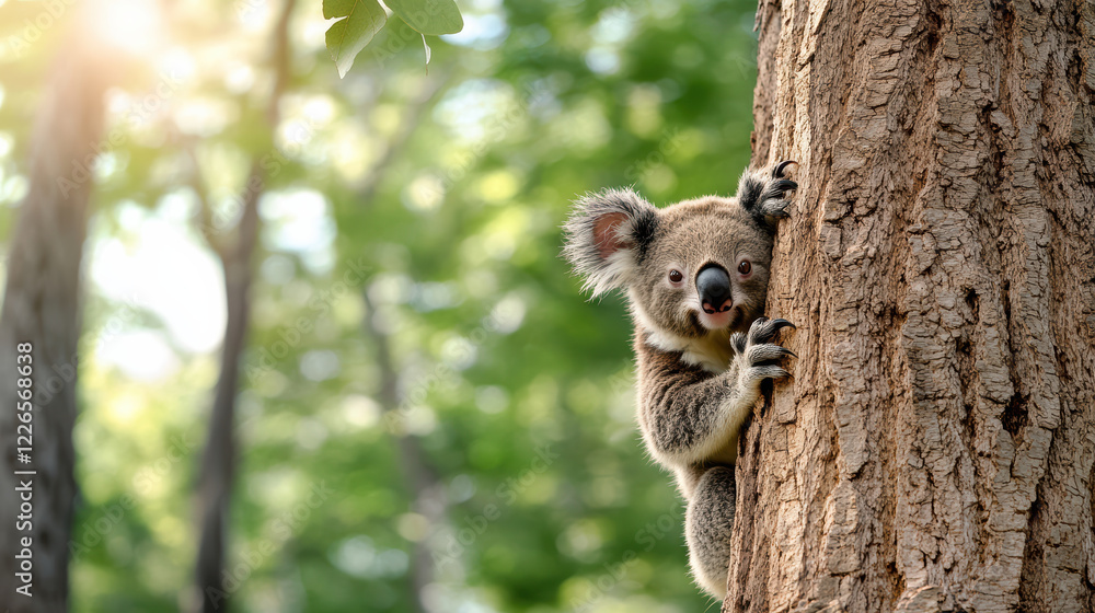 Obraz premium playful koala climbing tree in lush green forest, enjoying nature beauty