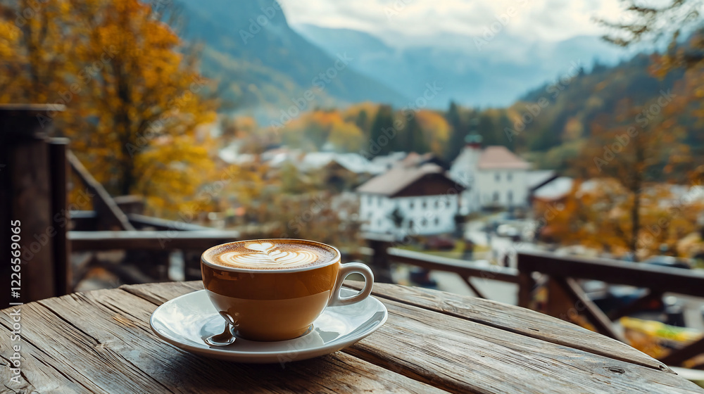 Cozy coffee cup on a wooden table with autumn scenery and mountains in the background Cozy coffee cup on a wooden table with autumn scenery and mountains in the background