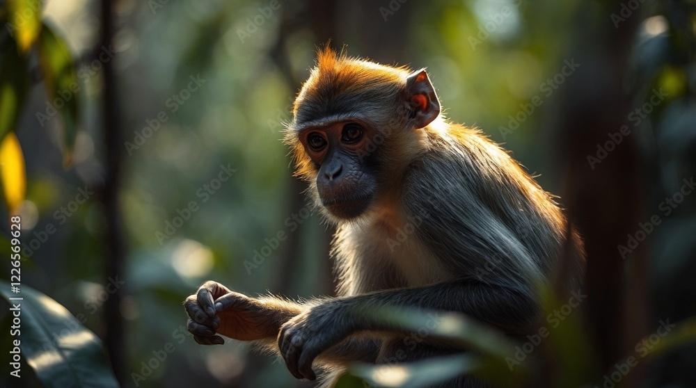 Obraz premium Close-up of a curious monkey gazing in its natural green jungle surroundings, highlighting wildlife and nature beauty 