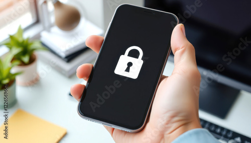 close up of a hand holding a mobile phone with padlock icon on screen, security concept