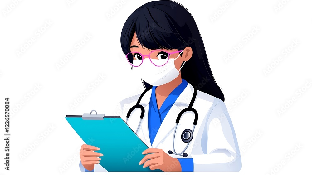 Female doctor wearing a mask reviewing patient chart. Female doctor wearing a mask reviewing patient chart.