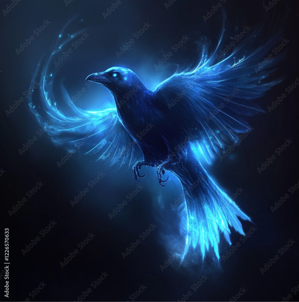Fototapeta premium a gradient blue raven flying with glossy body and glowing lines along its body , dark background