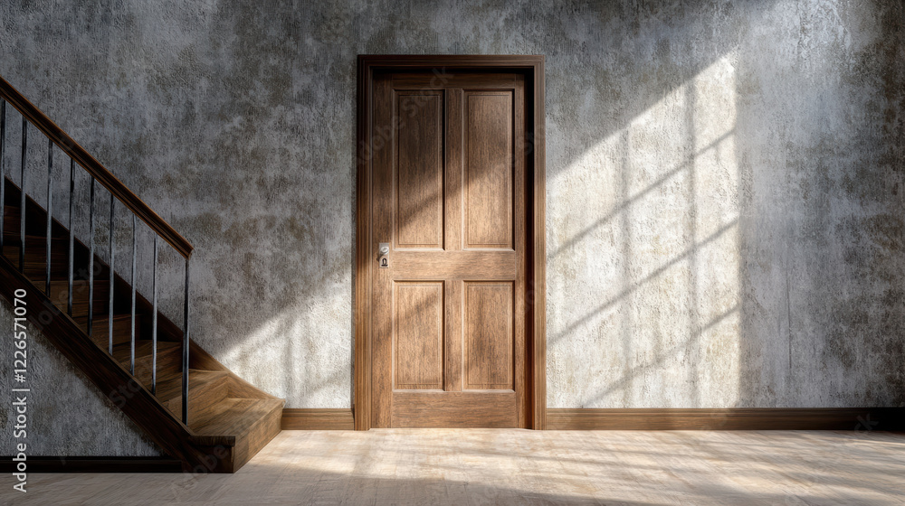 Obraz premium small door tucked beneath grand staircase, creating cozy atmosphere