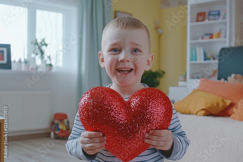 Sign of love. Ð¡hildren valentine's day greeting card: child boy with stunned face holds red heart in hands. Commercial ad campaign visual idea. Advertising valentine's images. Love concept. photo