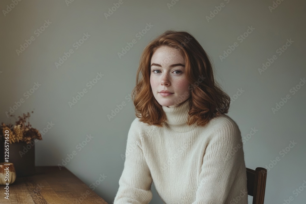 A young woman with red hair and freckles sits wearing a cream-colored turtleneck sweater. A young woman with red hair and freckles sits wearing a cream-colored turtleneck sweater.