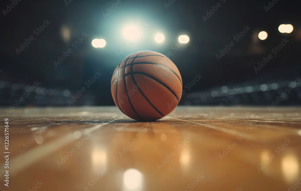 A basketball is placed on the wooden floor of the basketball court. The texture of the basketball is clearly visible and the background is blurred, highlighting the detail and texture of the basketbal