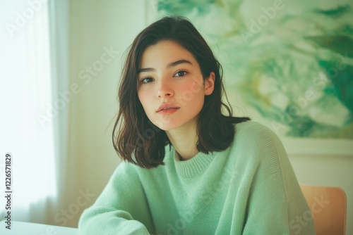 Free Download A young woman with shoulder-length brown hair wearing a mint green sweater, looking directly at the camera. - GFXLoad