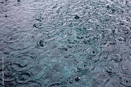 Macro photo of raindrops hitting the water, forming ripples and concentric circles. Dynamic patterns, fluid motion, reflections, and textures capture the serene beauty of rain on the surface.