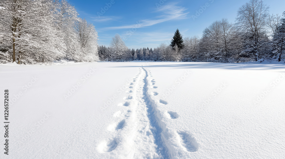 trail of footprints in snow leads to serene winter landscape trail of footprints in snow leads to serene winter landscape