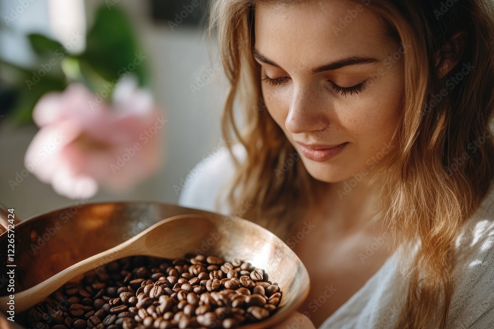 Woman delicately holds a copper bowl filled with aromatic coffee beans, eyes closed in appreciation.