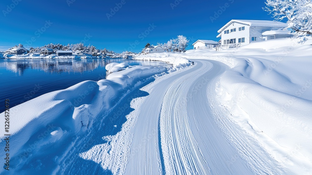 Obraz premium Snowy winter road by lake, houses, clear sky. Perfect for travel brochures