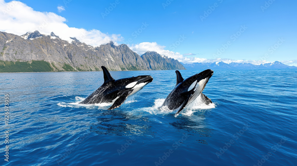 Fototapeta premium Dolphins breaching in clear blue waters near rocky mountains