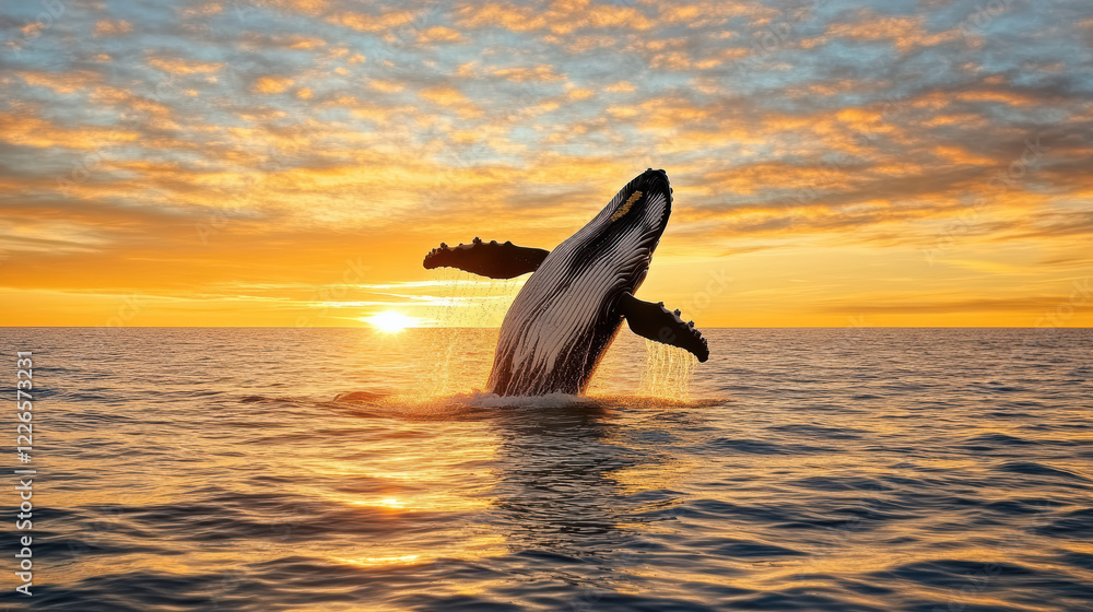 Fototapeta premium whale breaching surface at sunset, creating stunning silhouette
