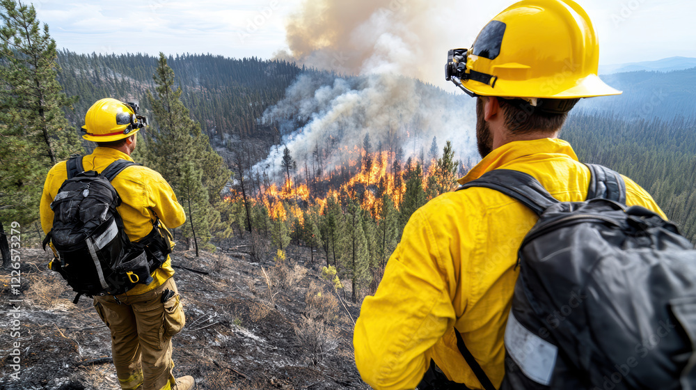 Wildfire rescue team monitoring flames in forested area, focused on safety Wildfire rescue team monitoring flames in forested area, focused on safety