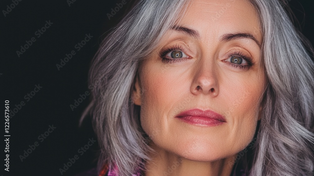 Fototapeta premium Mature Woman Portrait Gray Hair Closeup Face Beauty Skincare Elegant Confident Stud