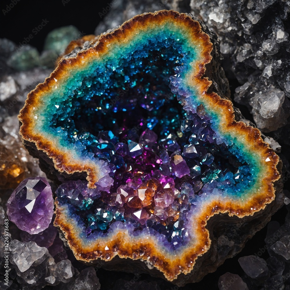 Obraz premium A geode with rainbow-hued crystals, reflecting light in all directions.