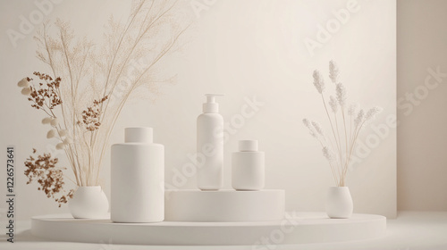 Elegant White Cosmetic Bottles Minimalist Product Display Mockup Scene spa soft cream clean style   
