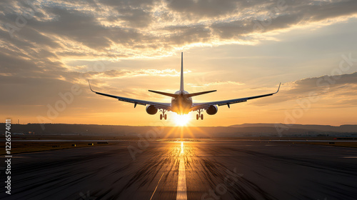 stunning airplane flying into horizon at sunset, creating beautiful silhouette