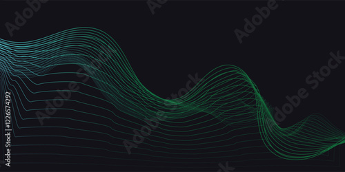 Abstract green blue wave light effect in perspective vector illustration. Magic luminous azure glow design element on dark background, flash luminosity, abstract neon motion glowing wavy lines