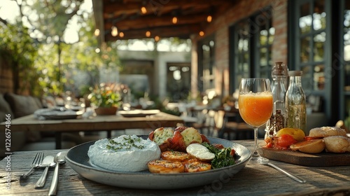 Fototapeta Naklejka Na Ścianę i Meble -  Outdoor patio brunch, restaurant meal, sunlit garden
