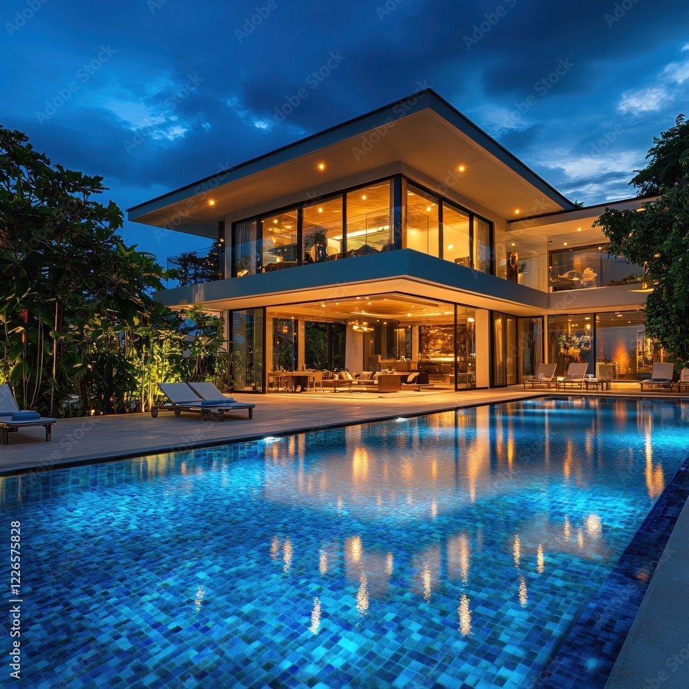 Fototapeta premium Modern home with pool at dusk showing interior lights and reflection on water surface