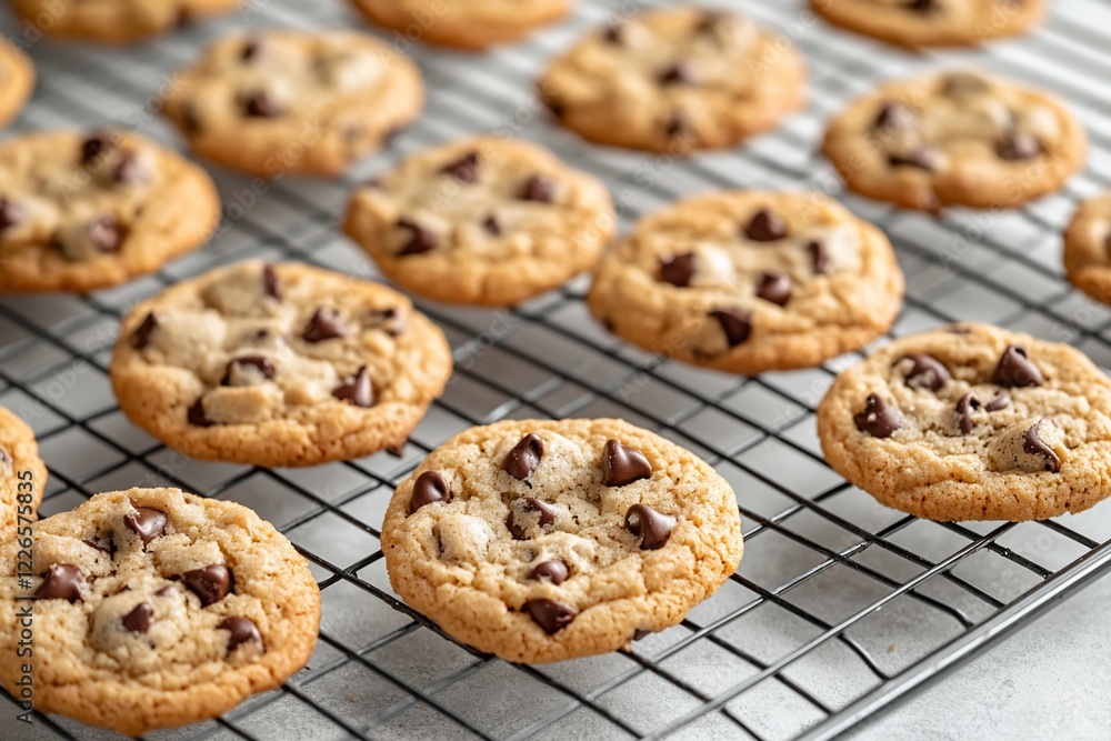 Freshly baked chocolate chip cookies cooling on a wire rack in a cozy kitchen setting Freshly baked chocolate chip cookies cooling on a wire rack in a cozy kitchen setting