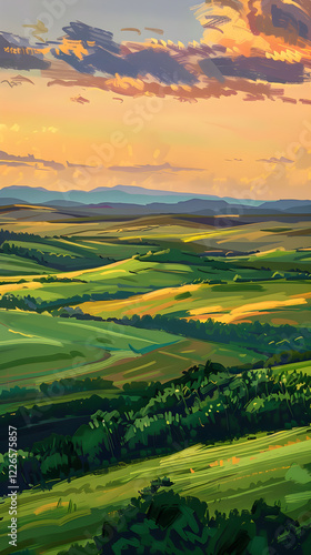 Wallpaper Mural Serene Landscape: An Oil Brush Strokes Masterpiece of Rolling Hills and Vibrant Skies Torontodigital.ca