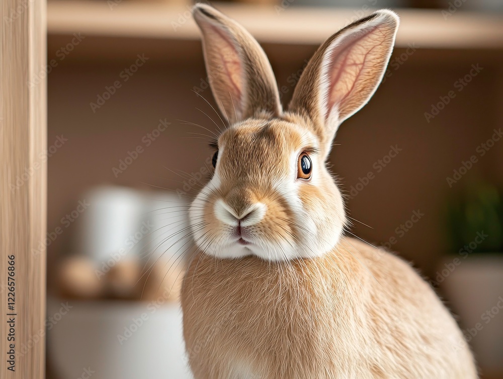 Obraz premium A cute rabbit with large ears and soft fur, curiously looking at the camera in a cozy indoor setting.