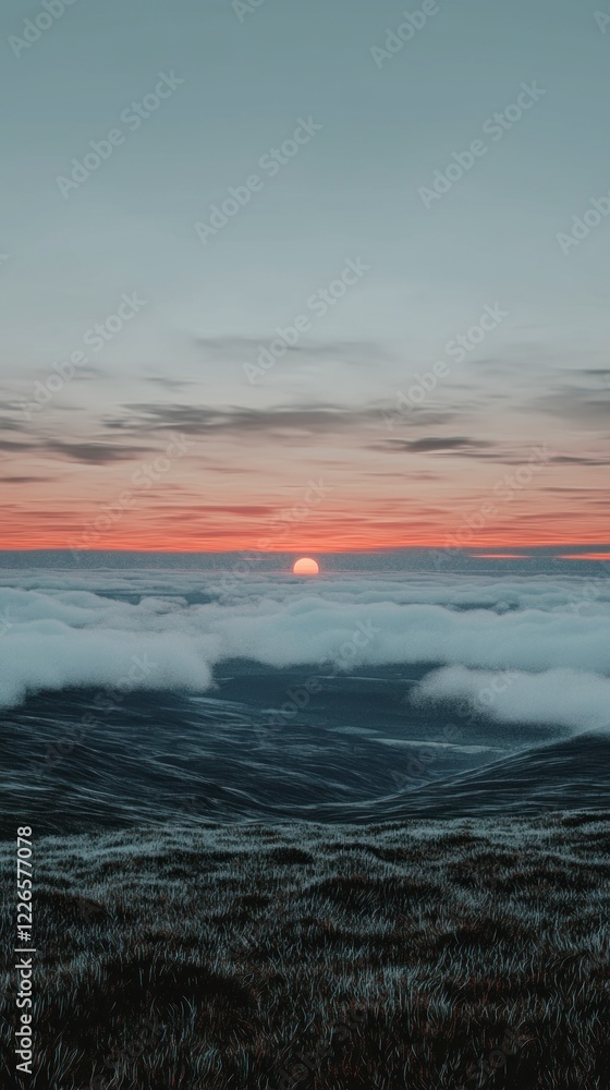 Fototapeta premium Serene Sunset Mountain Landscape Cloudscape Grassland Horizon